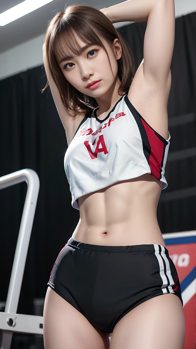 (a closeup:1.4)、(Raw photography:1.2)、(Photorealsitic:1.4)、(masterpiece:1.3)、(top-quality:1.4)、(Beautiful woman with perfect body:1.4)、Japan Young Women、独奏、(kawaii:1.2)、(FULL BODYSHOT)、(middlebreasts:1.3)、beauty breast、Smile full of happiness、(Volleyball uniform:1.3)、(beautifully detailed eyes)、(charming big eyes)、(beautiful double eyelid)、(beautiful and detailed face)、(short-hair:1.2)、(beautiful small ass)、Sweating、Expression in a state of excitement、Volleyball player、cowboy shot、Volleyball in hand、Looks Back、beachvolley、Volleyball Court、