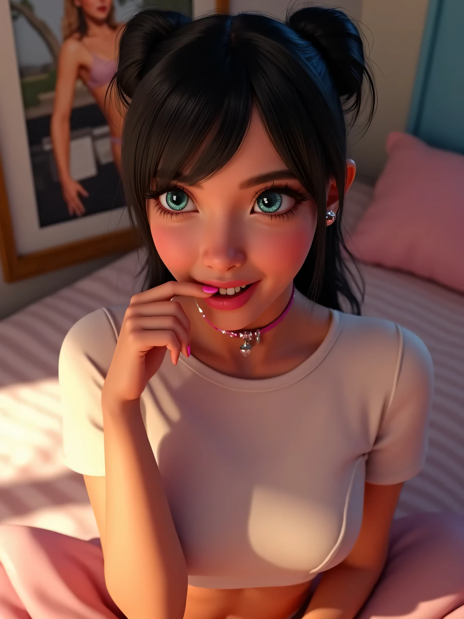 3D animated digital image of a woman sucking her own thumb, pink nails, lips puckered around tip of thumb. Pixar styled artist, 22 year old violet parr, big bright blue eyes with bits of yellow sprinkled in, perfect circled irises, high detailed eyes, view is from her hips up above her head, looking down on her while facing her head on, male-POV focused on face, she looks at POV in seducing way while sucking her thumb. She has a bright white, soft crew neck t-shirt, short crop top, tight fitting, no bra, tiny breasts,  you can see her nipple definition, hard nipples poking under shirt, defined abs. She faces viewer, looks directly at viewer. Focus on her face, eyes, and mouth.  Wearing tight Shiny pink leather choker. her black hair is done in double pigtails. She is sucking her own thumb in a seductive sexy way. High detailed mouth, tongue and teeth. Ultra detailed eyes and full lush lips, high detail. Perfect, realistic seeming mouth. Cinematic bright lighting with contrasting shadows. Background is a cute windowless bedroom. 4k resolution. High quality image. Like an upscale fashion shoot image in quality.