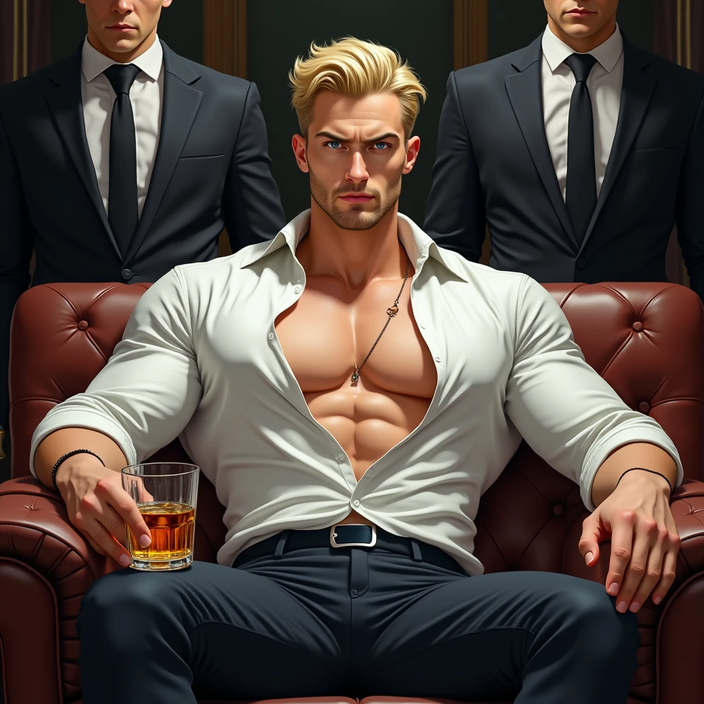 Albert wesker, in a bright bedroom, shirtless:1.2, shorts, black cat ears, red cat eyes, black cat tail,  high resolution, middle aged man,