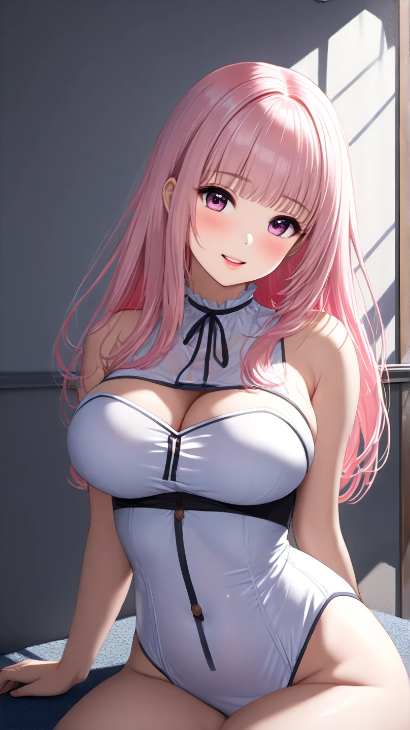 a beautiful woman, (pink hair and purple highlights), white nurse uniform, big breasts, whole body, sexy pose, on stretcher