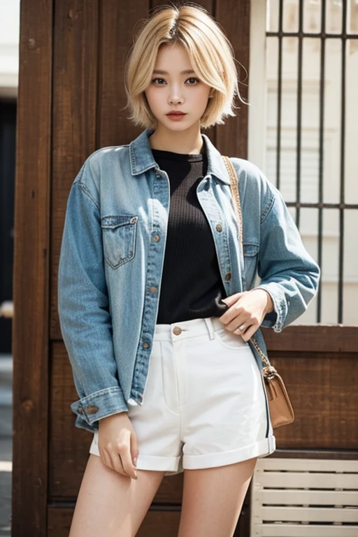 UHD, masterpiece, realistic, perfect eyes, textured skin, high details, best quality, in a room, (wearing casual clothes)), (1GIrl, very short blonde hair), (brown eyes), sexy, beautiful,
