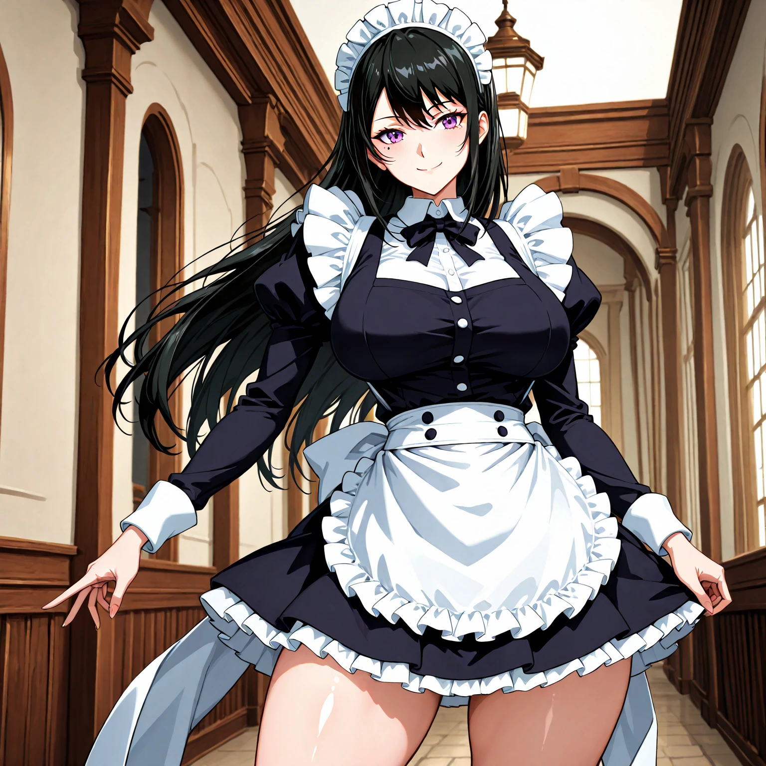 A woman wearing a maid dress, long skirt, holding a mop, full body, long stockings, long black hair, long pigtails, burgundy eyes, big breasts, smiling, in a modern room.HDR, masterpiece, well defined, ultra resolution, high quality, 8k HD. (just a woman, solo)