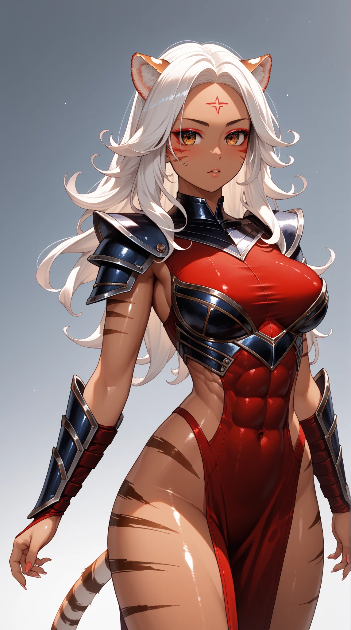 no background, background clean, standing character full body, amazon female, pretty face, charming face, long white hair, armor red full plate, perfect slim body body