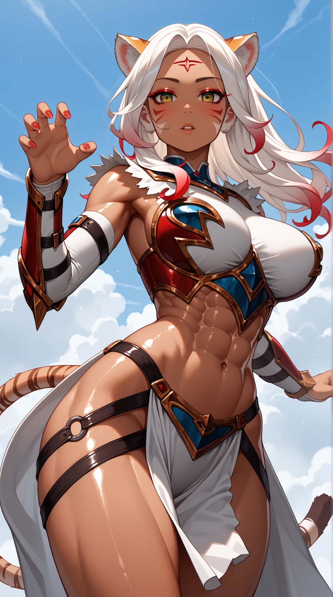 A giant muscular woman with big breasts holding a fire sword