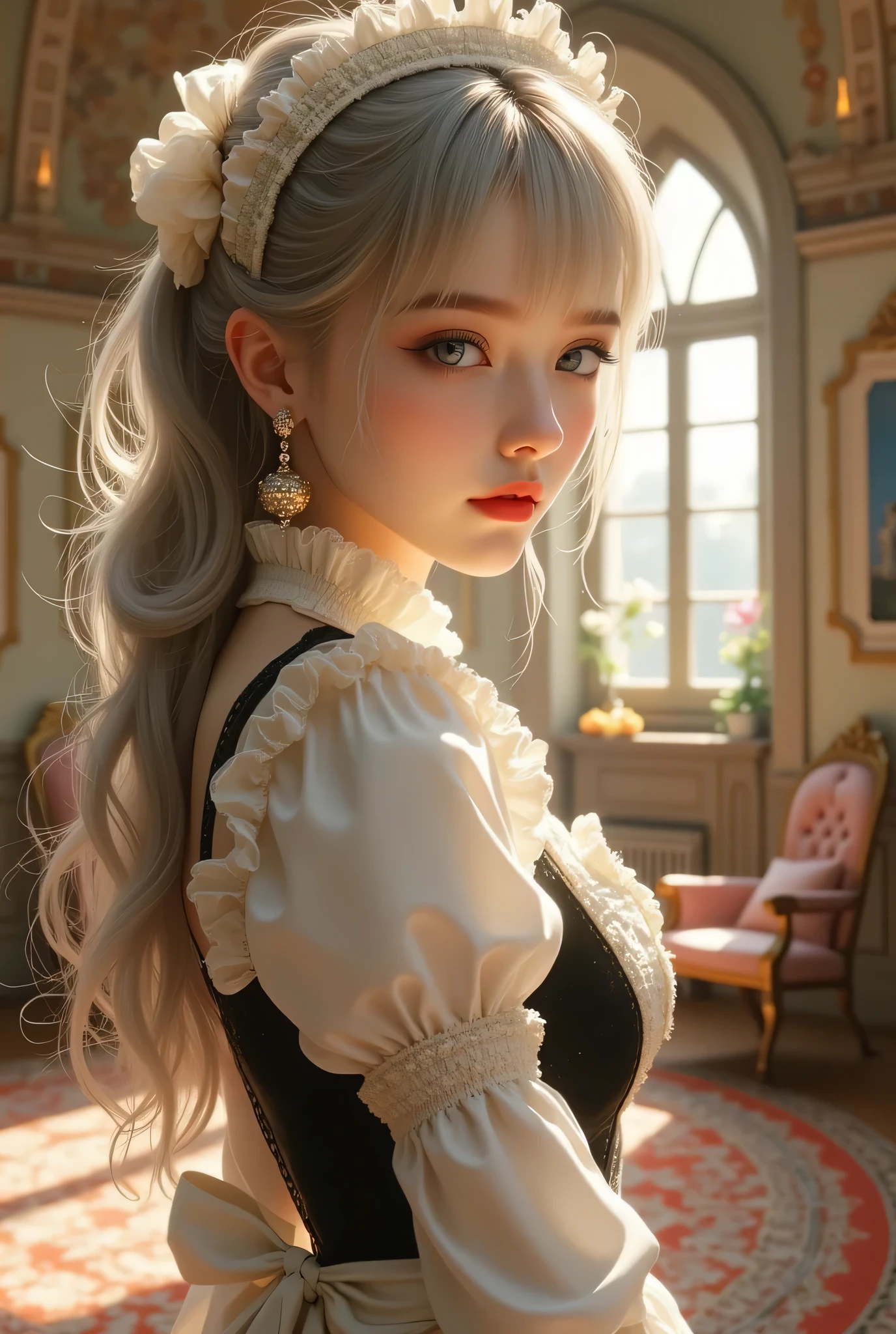 ((Girl at a maid cafe in an old European castle)), (masterpiece, Highest Quality, steampunk art, Sunlight, ( looking around ), ((Girl Walking in Maid Clothes))More information, Thigh composition, Magic rim , 灰色の髪, red lips, ((Female capacity of maid cafe)), very detailed, (high contrast:1. 11), wind, amazing, beautiful詳細な目, disheveled hair (best lighting from above, 非常に繊細でbeautiful), ((Silhouette Emerging in Backlight)), ((Cinema Light)), (From the side:1. 3)、((Adrian Honig) blond blue-eyed girl、beautiful、((Woman Hiding in a White Apron))、SEXY POSES、Yan、film texture、Real、high resolution、1 person、Burari、(Voluminous Bangs)、 Sexy Poses, long legs, Beautiful woman, (white shirt, One Piece), (Cleavage Coordination), Sexy Poses,