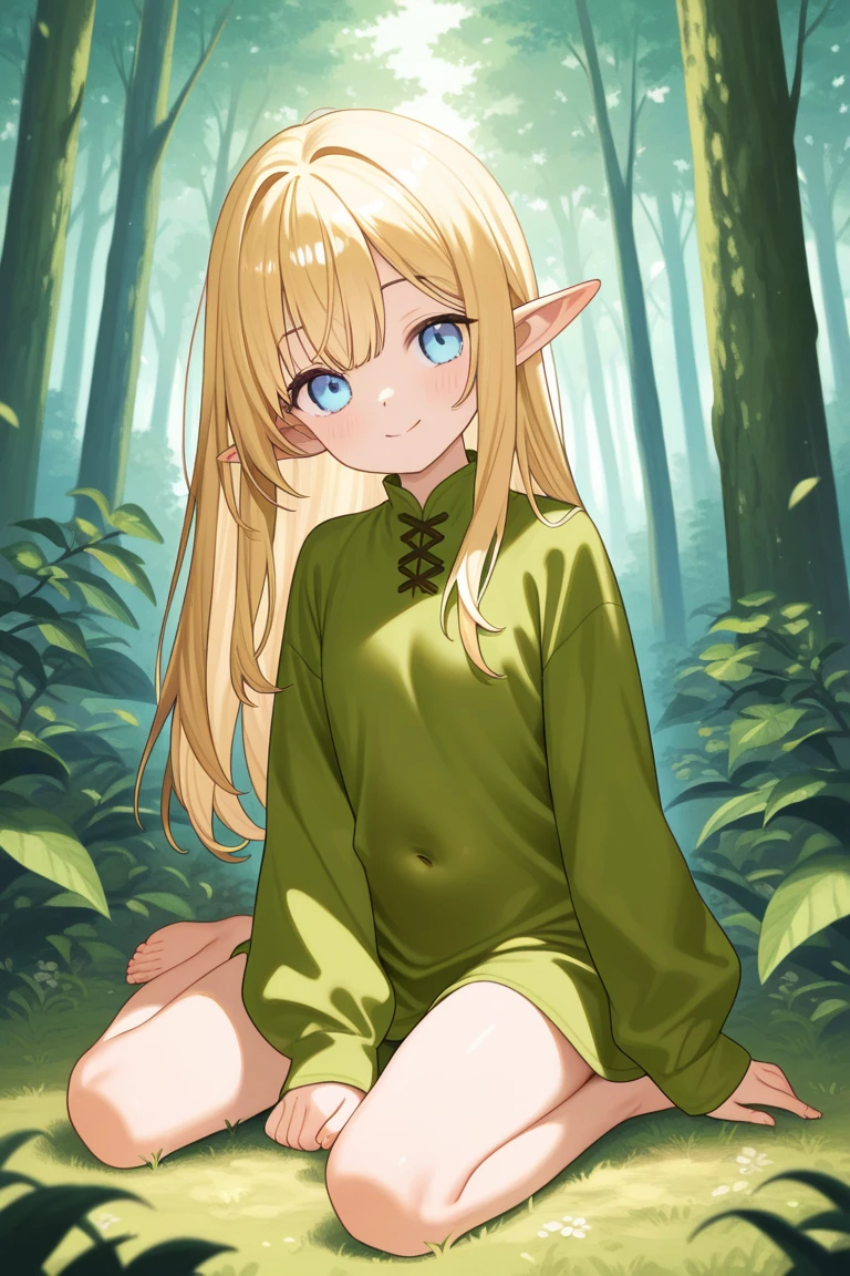 elf girl, short hair, medium chest, forest background, sitting on log (tocon) White dress, dress that shows your shoulders, shy expression