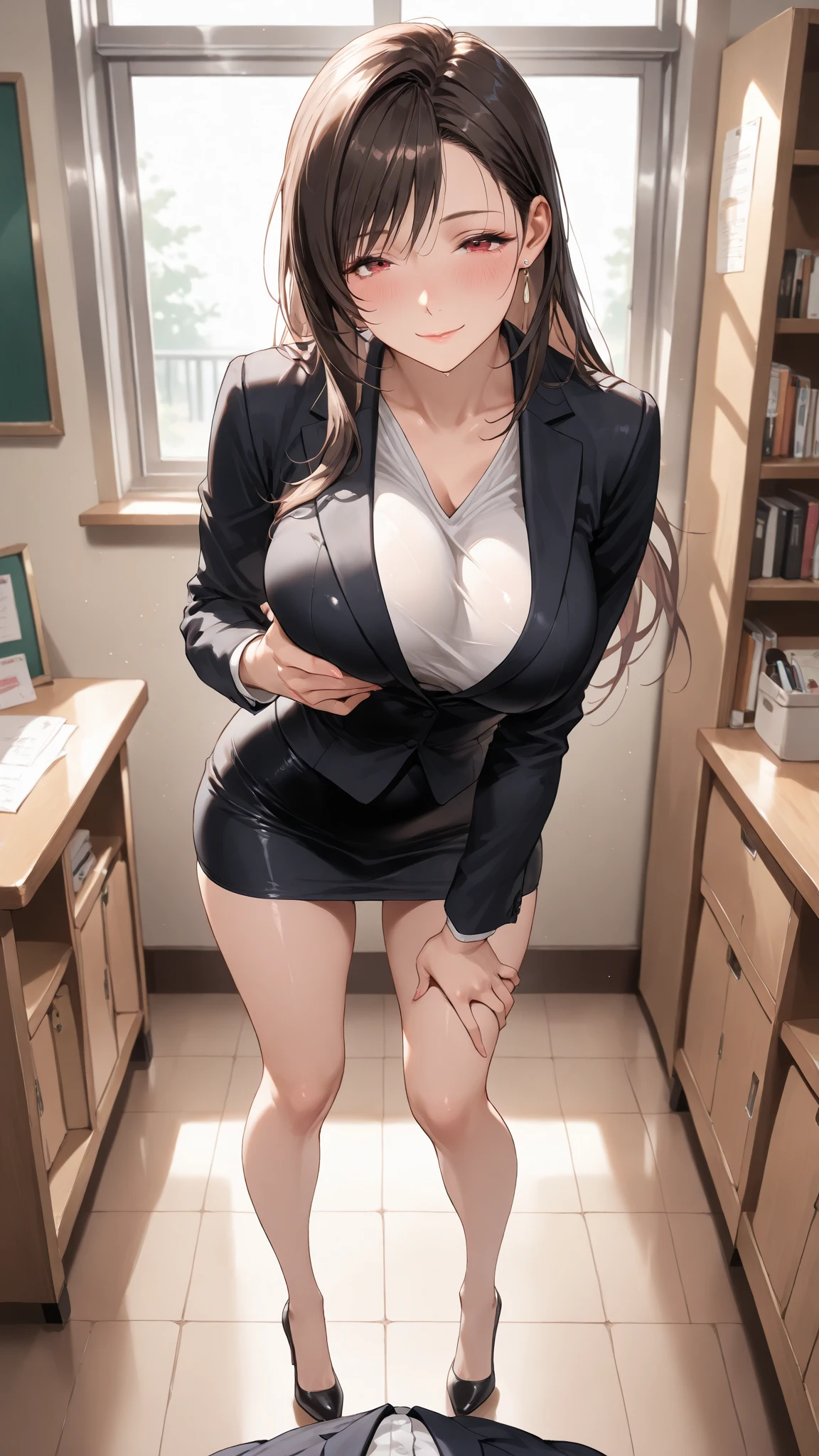 A woman in a tight office outfit and a provocative long skirt, with a mischievous and teasing expression, stands in front of a junior female colleague.