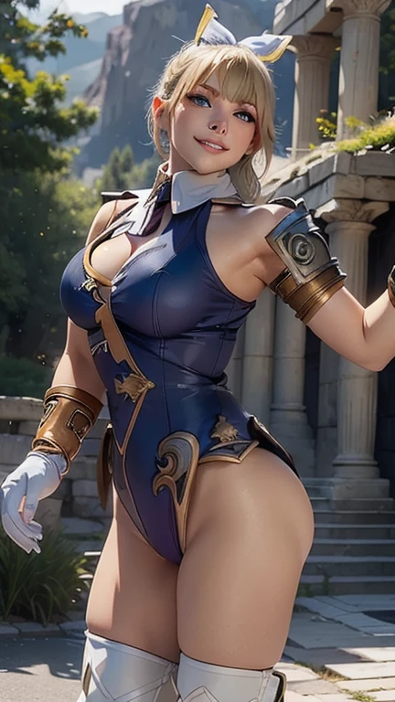 Eve wearing Chun Li's costume, Stellar Blade, large breast, thick thighs, muscular, curvy body,1girl,solo,heavy makeup,cute,earrings,ring braid,(lewd smile:1.1),holding mechanical sword,ponytail,idol,hooker, Chun Li's uniform,(battleground:1.1),