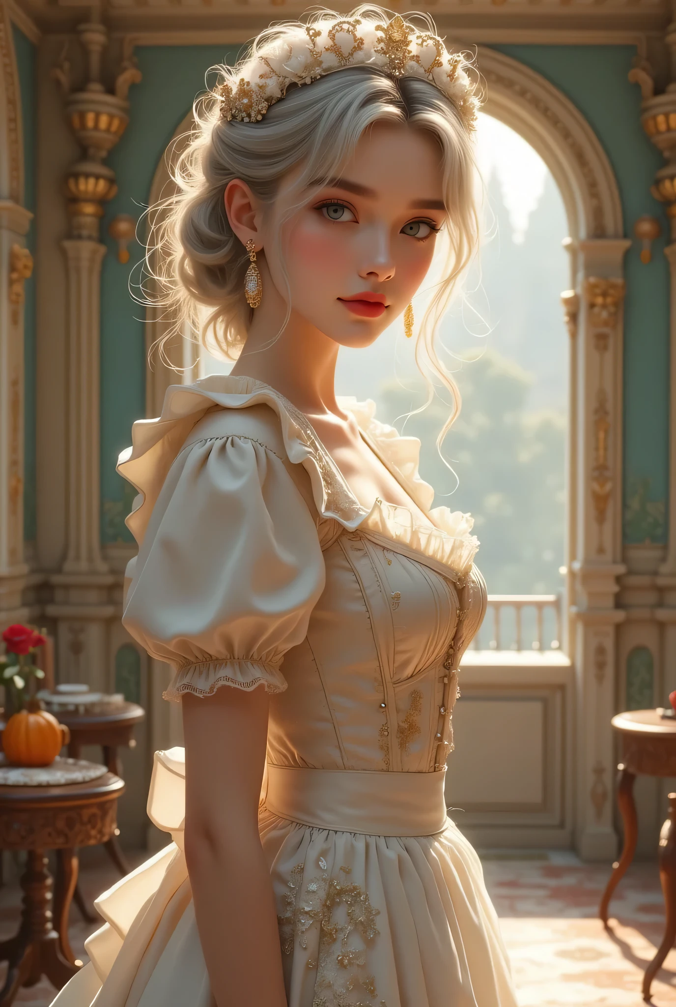 ((Girl at a maid cafe in an old European castle)), (masterpiece, Highest Quality, steampunk art, Sunlight, ( looking around ), ((Girl Walking in Maid Clothes))More information, Thigh composition, Magic rim , 灰色の髪, red lips, ((Female capacity of maid cafe)), very detailed, (high contrast：1. 11), wind, amazing, beautiful詳細な目, disheveled hair (best lighting from above, 非常に繊細でbeautiful), ((Silhouette Emerging in Backlight)), ((Cinema Light)), (From the side：1. 3）、（（Adrian Honig） blond blue-eyed girl、beautiful、（（Woman Hiding in a White Apron））、SEXY POSES、Yan、film texture、Real、high resolution、1 person、Burari、（Voluminous Bangs）、  Sexy Poses, long legs, Beautiful woman, (white shirt, One Piece), (Cleavage Coordination), Sexy Poses, 
