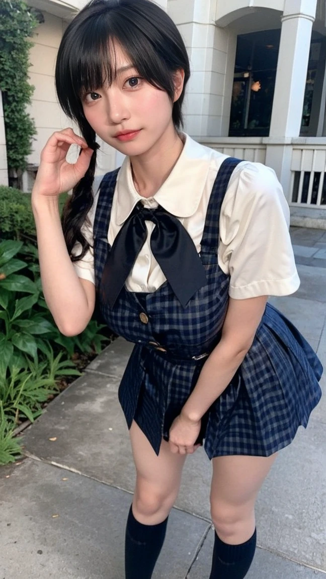 Japanese high school girl, brown eyes, smiling face, young face, black hair, bob cut, blue hairband, white short-sleeved blouse, blue ribbon decoration on collar, blue suspenders, blue miniskirt, black socks, blue shoes, entertainment district, blue sky and white cumulonimbus clouds, standing in front of the fountain square, wet sidewalk
