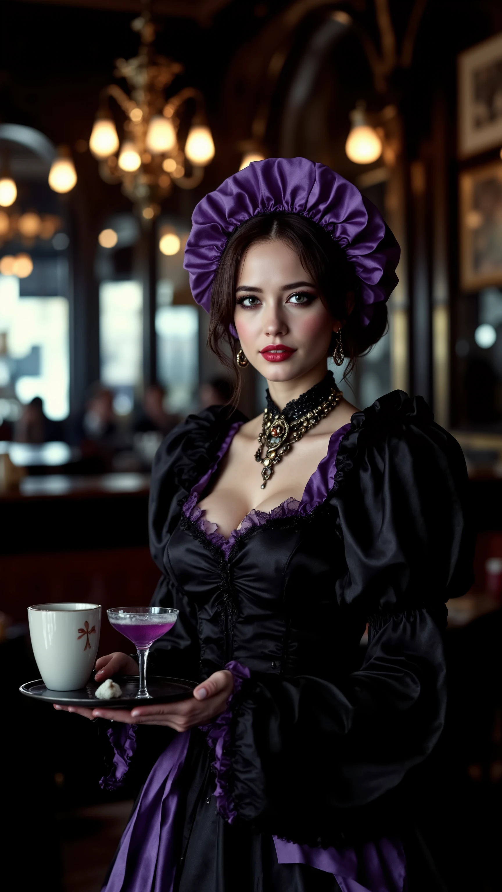 Harajuku Fashion. portrait by Bettina Rheims of a Harajuku Fashion model, beauty charming brunette radiating confidence, holding a drinks tray, dressed in a complex black and purple maid outfit. The background is a dark cafe in the Art Nouveau style. award-winning 35awards style, high resolution, ultra clear, ultra realistic, dramatic lighting, ultra fine. octane render. 32k anatomically perfect, High Resolution, High Quality , Masterpiece