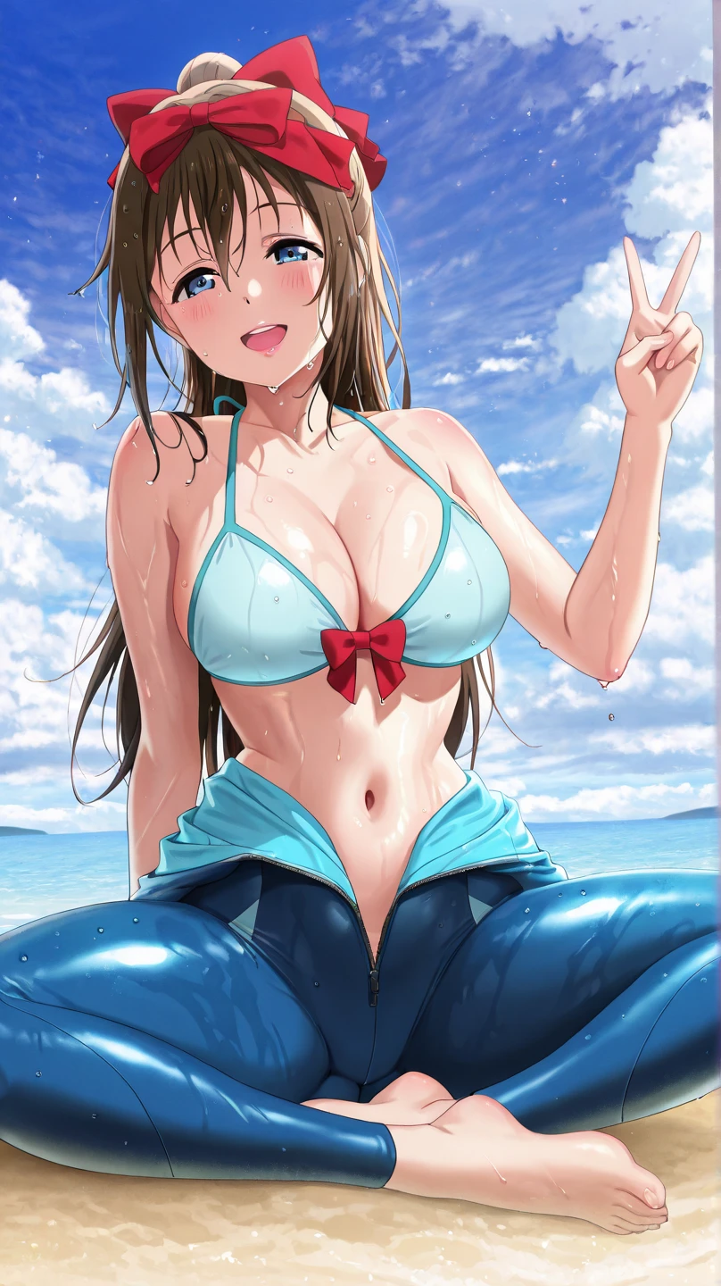 best quality, 1girl, brown hair, brown eyes, medium breasts, front tie bikini top, (gold bikini), arm behind back, peace sign, grin, sun, on beach, spoken heart, (face paint:0.9), (corneo_dva:0.9), no headwear,