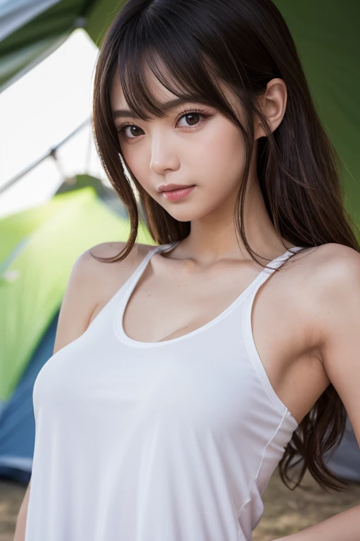 face and hairstyle、She was wearing a white swimsuit and her lower body was also included in the frame, so it was shot from a low angle.