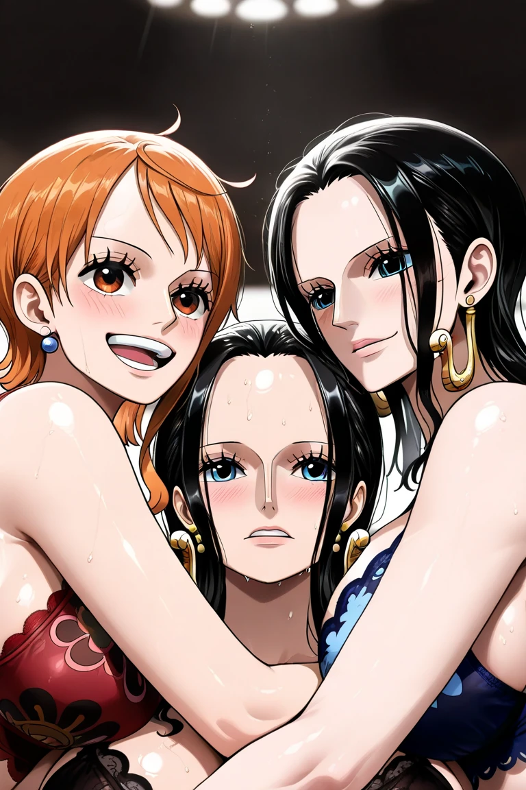 melhor qualidade, mulher de olhos vermelhos sentada, Posar, Man King of the Pirates com uma tatuagem de dragão, espadachim usando duas katanas, lado a lado, rindo, felizes, bonitos, pose para foto, sentados nico robin e luffy duas pessoas, a man with medium black hair and a woman with long black hair