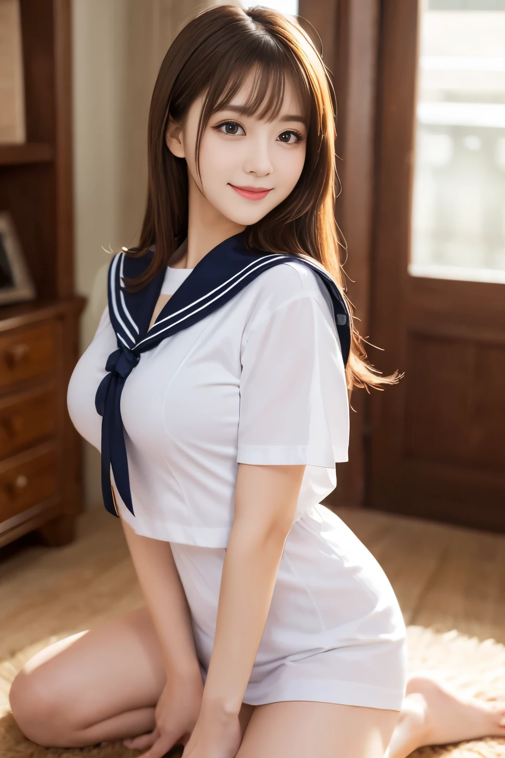 Non-NSFW、Real、(Highest quality), (masterpiece)、Ultra-high resolution、RAW Photos, (upper body), (in classroom:1.5), Fantasy、Looking into the camera、alone、(elemental Sylph:1.1), Beautiful Spirit、Super Beauty, (immature:1.2), (16years-old:1.2)、Moisturized Skin、Perfect model body、Beautiful Eyes、Big eyes, (brown eyes:1.2)、Inconspicuous tear bags、slim、Beautiful fingers、Very long hair、highly saturated photos, clavicle, attractive,skinny, (smile:1.4), (Small breasts:1.1), (brown hair), (Waist-length hair:1.5), Small Ass, lips, (sailor uniform:1.5),(white denim pants:1.2),(red tie:1.2), (high heels:1.1), (Several poses:1.1)