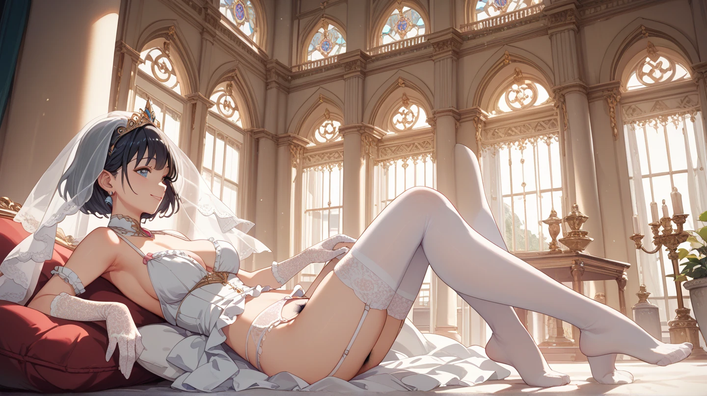 ((masterpiece, best quality)), Delicate face,Maid,whole body,Long legs,Large Breasts,Gradient long wavy hair,Perfect body proportions,Pretty golden eyes,Extremely beautiful,transparent, Pure white background,Lying on the bed,Erotic_lingerie,Sexy_Bikini,Lace,Garter stockings