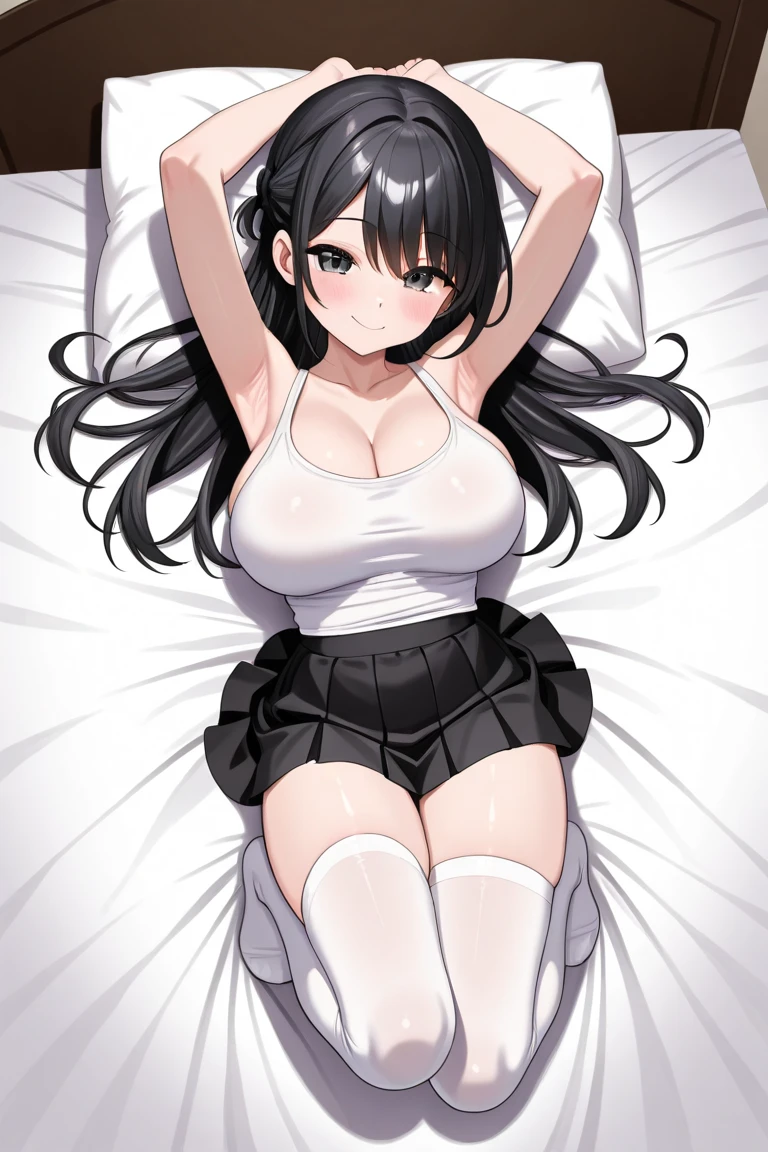 <lora:xl_Korean style(kohaku_delta)-000004:1>,Korean style,1girl, solo, long hair, green eyes, maid headdress, navel, lying, underwear, on back, breasts, panties, apron, wrist cuffs, blush, black hair, maid, looking at viewer, leg garter, frills, medium breasts, open mouth, collarbone, bra, armpits, groin, maid bikini, waist apron, bed sheet, arm up, swimsuit, black panties, shoes, high heels, from above, masterpiece, best quality,