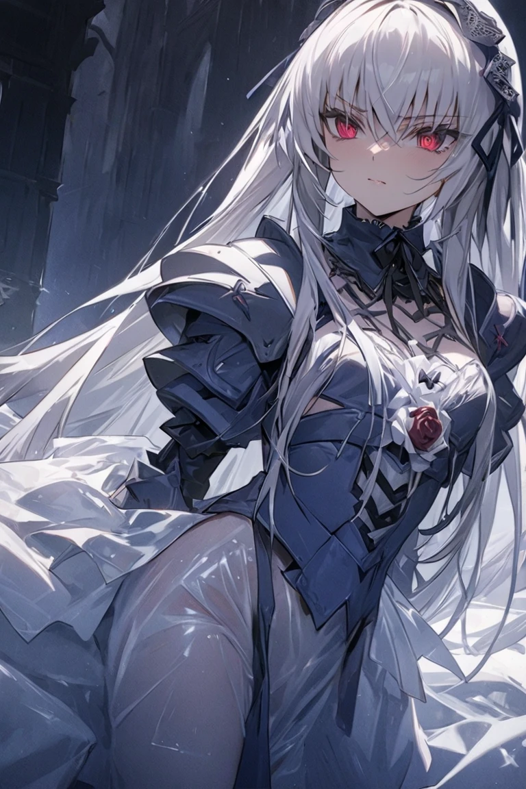 Anime girl with long white hair High detail official artwork, veil, broken glass, loli face, {{loli}}, holding a crystal sword, illustration, cleavage, white theme, {{{short hair}}}}, {{wavy hair}}, cathedral, fantasy, white background, white art, arcaea art, red eyes, sexy, red white black theme, red black and white crystal, drooping eyes, small breasts, small round face, full body, erotic art, front, transparent clothes, tears, beautiful clothes, sexy underwear, holding objects (crystal sword), transparent white dress, (crystal)