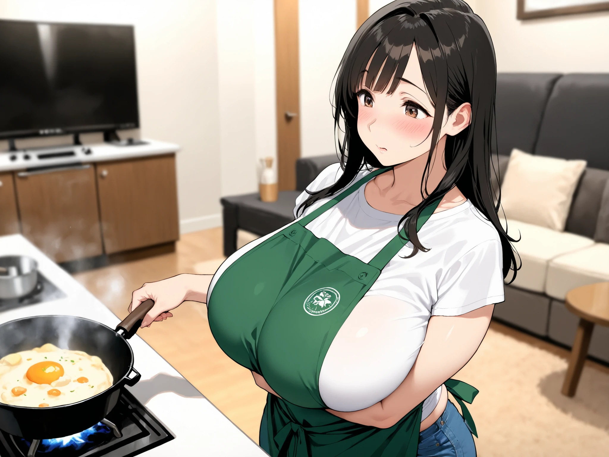 (Mature Woman:1.5), (mother:1.5), Ishtar, Fate Grand Order, (Absurd, 8k, 4K, Tabletop, Extremely detailed:1.2), highest quality, Perfect Anatomy,Perfect Face, High humidity, (alone:1.2), (Sweaty:1.3), shortness of breath, High humidity, humid, (Black Hair:1.1), Red eyes, Looking into the camera, (Very large breasts:1.5), Light clothing, apron, (kitchen;1.1), (Having a conversation:1.2), (Speech bubble:1.1), A kind smile, relief, peace of mind, mother性, Cooking, have a ladle, pot, pot-au-feu, Gentle look, nsfw