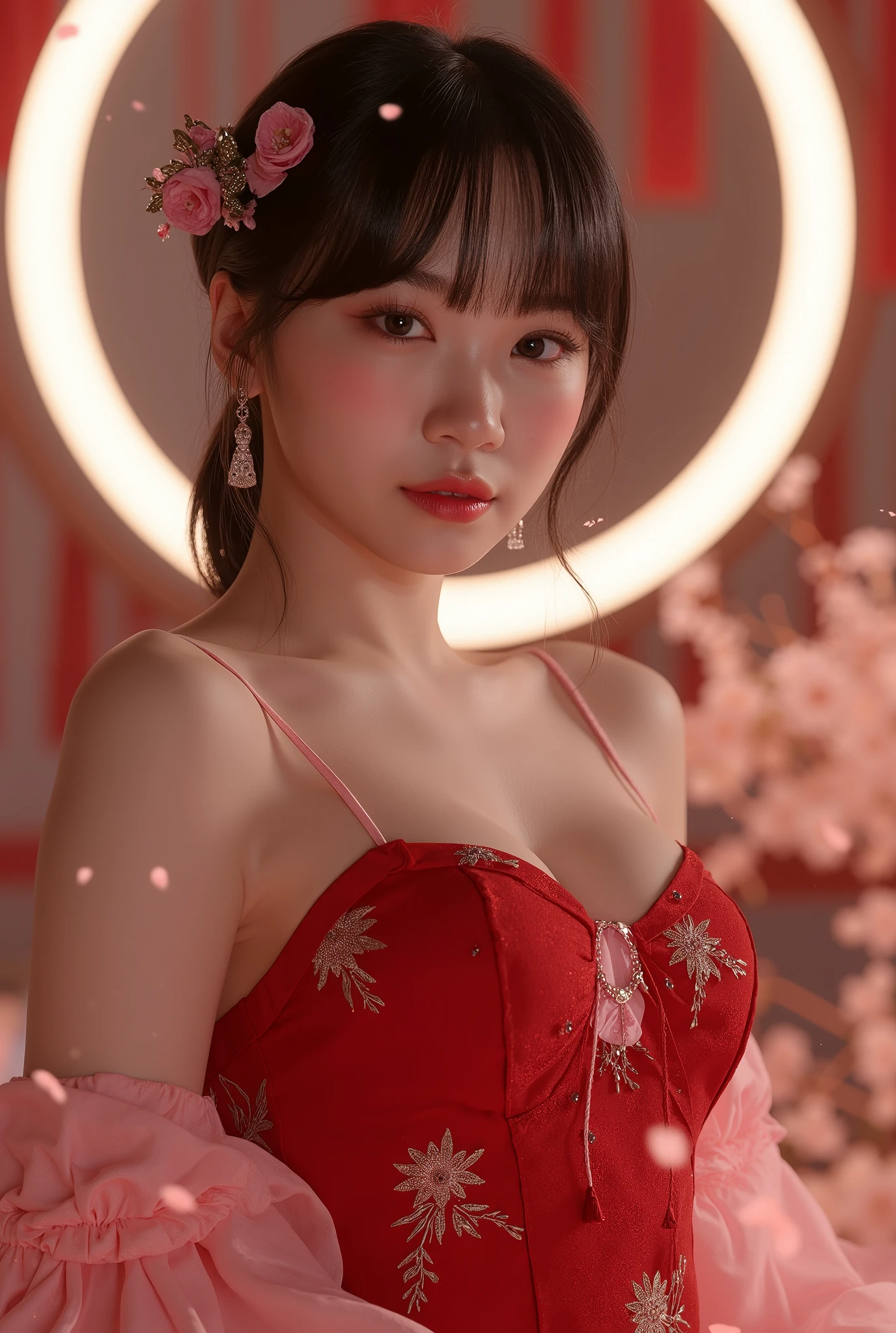 Full body, a beautiful young woman looking at the viewer, elegant, sedcutive, proud and expressionless, God style, fairytale, fantasy, circle lighting, petals, flowers, colorful, dark amber divine background, Chinese style gorgeous low-cut traditional red qipao (pink theme, badge pattern, breasts exposed), gorgeous hair accessories, realistic ism, realistic skin, clear soft skin, skin detail, pores, particles, large breasts, art,DonMQu4n7umZ3r0XL