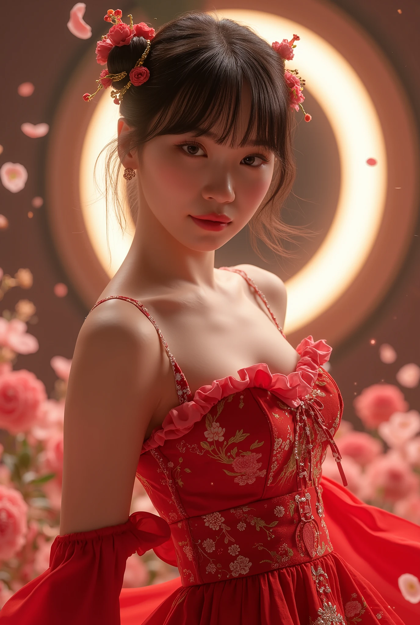 Full body, a beautiful young woman looking at the viewer, elegant, sedcutive, proud and expressionless, God style, fairytale, fantasy, circle lighting, petals, flowers, colorful, dark amber divine background, Chinese style gorgeous low-cut traditional red qipao (pink theme, badge pattern, breasts exposed), gorgeous hair accessories, realistic ism, realistic skin, clear soft skin, skin detail, pores, particles, large breasts, art,DonMQu4n7umZ3r0XL
