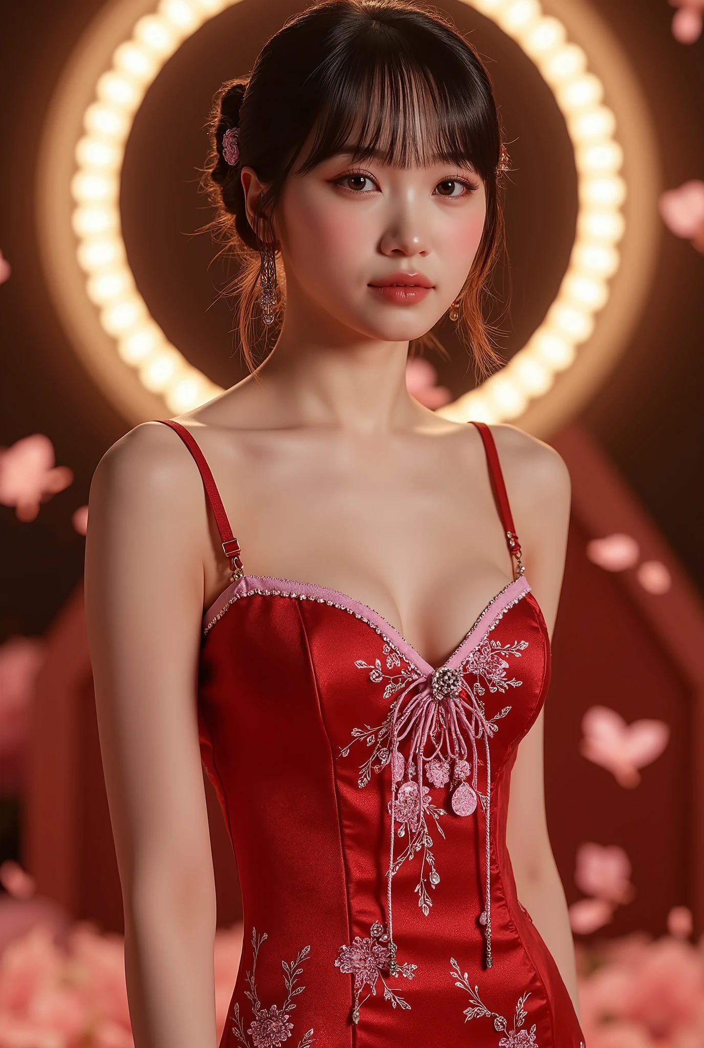 8K, masutepiece, Raw photo, Best Quality, Photorealistic, Highly detailed CG Unity 8k wallpaper, depth of fields, Cinematic Light, Lens Flare, Ray tracing, (Extremely beautiful face, Beautiful lips, Beautiful eyes), intricate detail face, ((Ultra detailed skin)) 1girl in, In the Dark, deepshadow, Pretty Korean girl, Kpop Idol, 1 girl, (Very slim and slender fit muscular body:1.3), ((Looking at Viewer)),(Big smile:1.3), (Midnight, a dark night, (Neon sign), (Blurred background), Dim light), (No people in the background:1.3), Beautiful earrings, Bracelets, Necklace, pantyhose, Clear eyes, Walking , Front shot, (pale skin), (Big eyes), Face forward, (Full body shot), (Brown hairs), open navel, (Looking at Viewer:1.3), Very slim, medium breasts, (Camel toe), thick thighs, turn back, (fluttering mini dress), (((Cute red transparent lace skirt dress with rose floral pattern))), (Tight skirt), ((backtrack, Back shot)), Ultra mini skirt, ((exposed ass)), upper Shot，((Cute lace panties in pink))，(Wearing pantyhose)