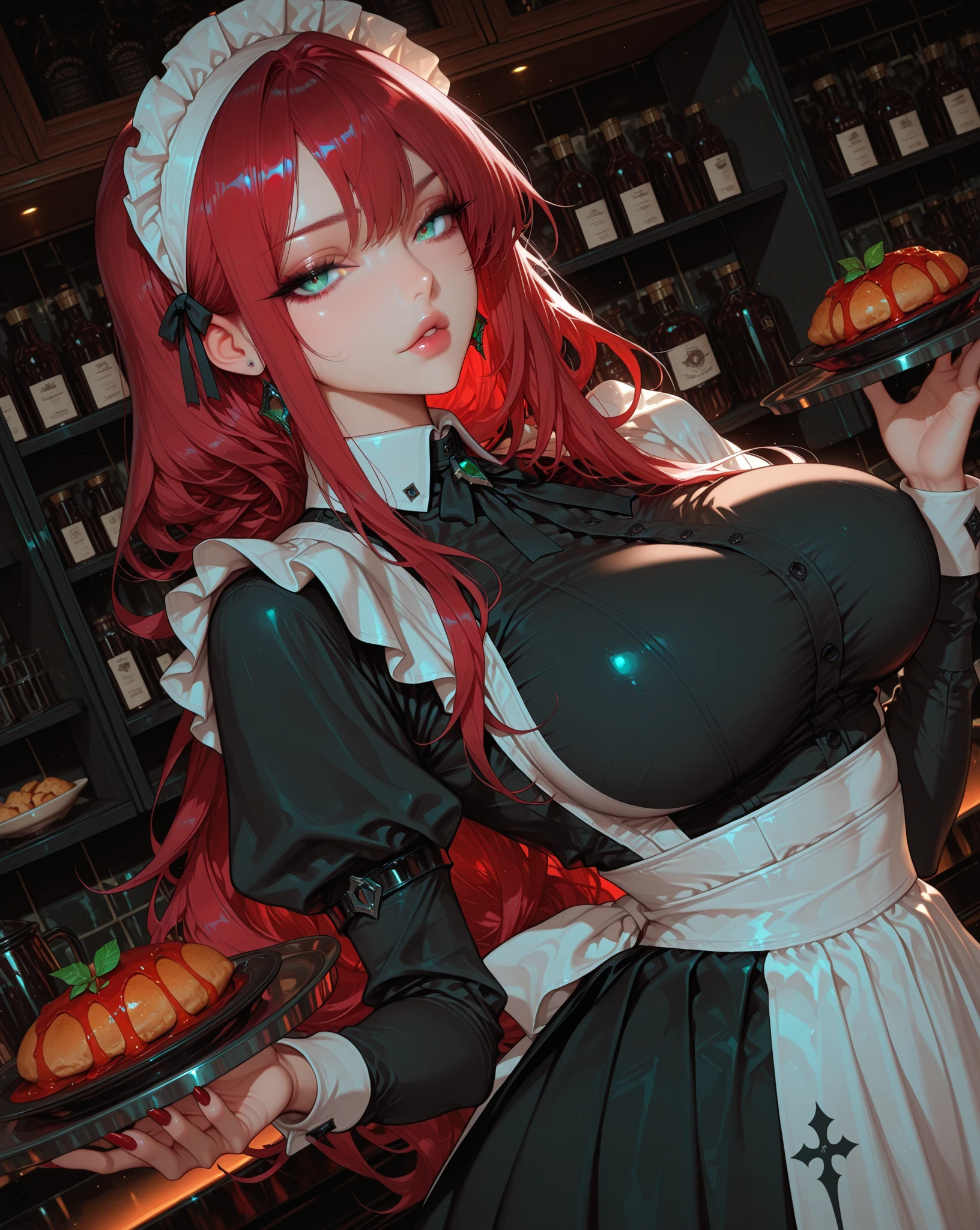 masterpiece, best quality, IncrsAhriEW, facial mark, fox tail, multiple tails, <lora:AhriElderwood:0.8>, maid