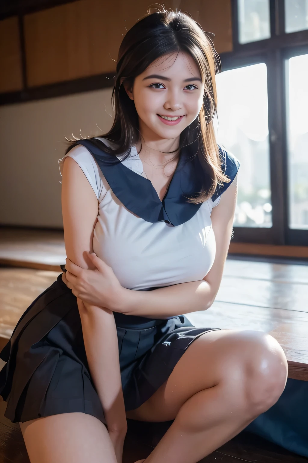 1 girl,young face,１6 years old,high school girl,big smile,sitting on a bench with legs apart,16mm, 12mm, full frame, wide, (highest quality), professional lighting, (ultra high resolution), high resolution, (cinematic lighting), 4k, 8k, masterpiece, Low angle from below，knee high socks,garter stockings，big breast black pumps，realistic light, Natural light, realistic shadow, masterpiece, (highest quality:1.2), [:intricate details:0.2], ,Braid,mid-waist,big breasts, Looking up from under your feet, sparkling aura, intense concentration, shining mote,korean idol，micro mini flare skirt，Low-rise checkered mini skirt,charming smile，white ribbon，cleavage，ponytail，Skirt fluttering in the wind，，
