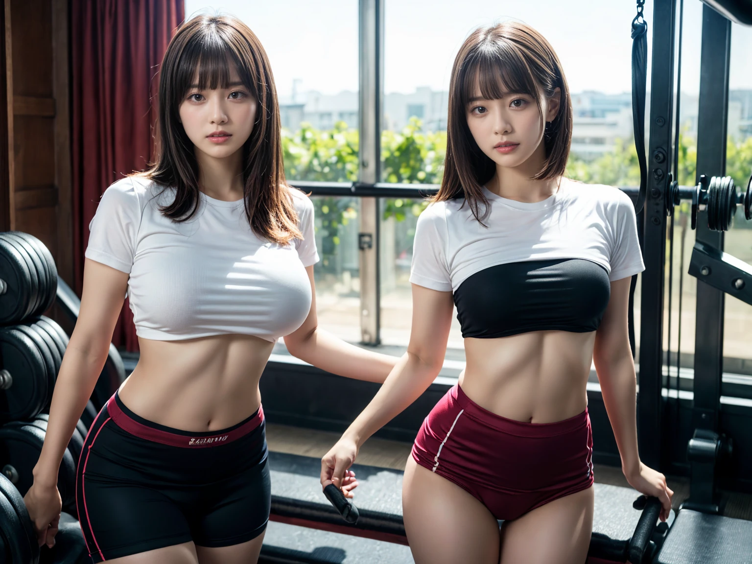 (RAW photo, 4k, masterpiece, high resolution, extremely complex) (realistic: 1.4), cinematic lighting
((2 girls)),Slam Dunk's,blushing,((innocent)),(Dark makeup),bright eyes,round eyes,blunt bangs,(straight hair:1.3),black hair,large breasts,wide hips,Summer Noon, 15 year old girl、cute type、lolita,Hot, (Best Quality), (Highres), (an Extremely Delicate and Beautiful),(Beautiful 8k face),(Brown eyes),short bob hair,( spectators),(gigantic breasts),(Play with each other,Touching each other's bodies,Touching the body),(School-specified gym clothes, white gym uniform, short sleeve, wine red tight bloomers, tuck in),(reality),bright lighting,(The background is a luxury hotel room)