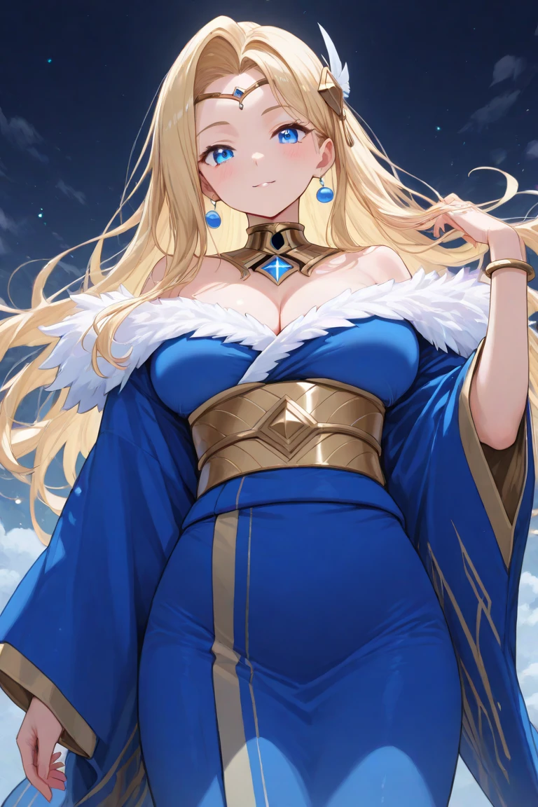 ((Rosalina)), (masterpiece:1.2, highest quality), realistic, (real picture, intricate details, Depth of the bounds written), ((alone:1.2)), very detailed, gorgeous perfect face, (skin dents), thick thighs, (wide hips), thin waist, expensive, ((long blonde hair)), Beautiful dark green eyes, (((long blue clothes))), ((blue clothes:1.2)), off shoulder, ((U-neck)), ((huge breasts:1.3)), high heels, Wearing a silver crown, blush, looking at the viewer, confident smile, toned body, ((floating in space)), ((body-fitting dress:1.3)), cleavage, full body shot,