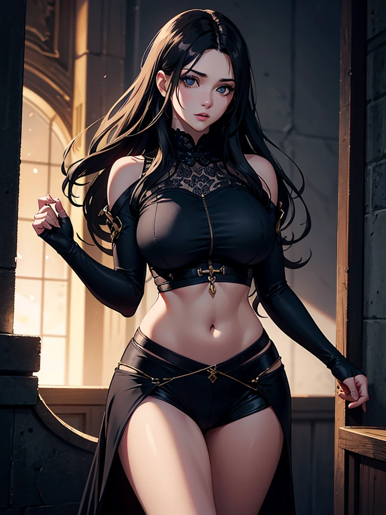 Goddess of Love, Height: 165cm, Weight: 40kg, Long, fluffy black hair and delicate features, Wearing flashy makeup. She is slender, . She has a beautiful figure. Her eyes are slightly narrowed, From front to toe. she is , No upper or lower body clothing or underwear, like a devil, Wearing thigh-high boots. dark. artistic and high resolution. ,