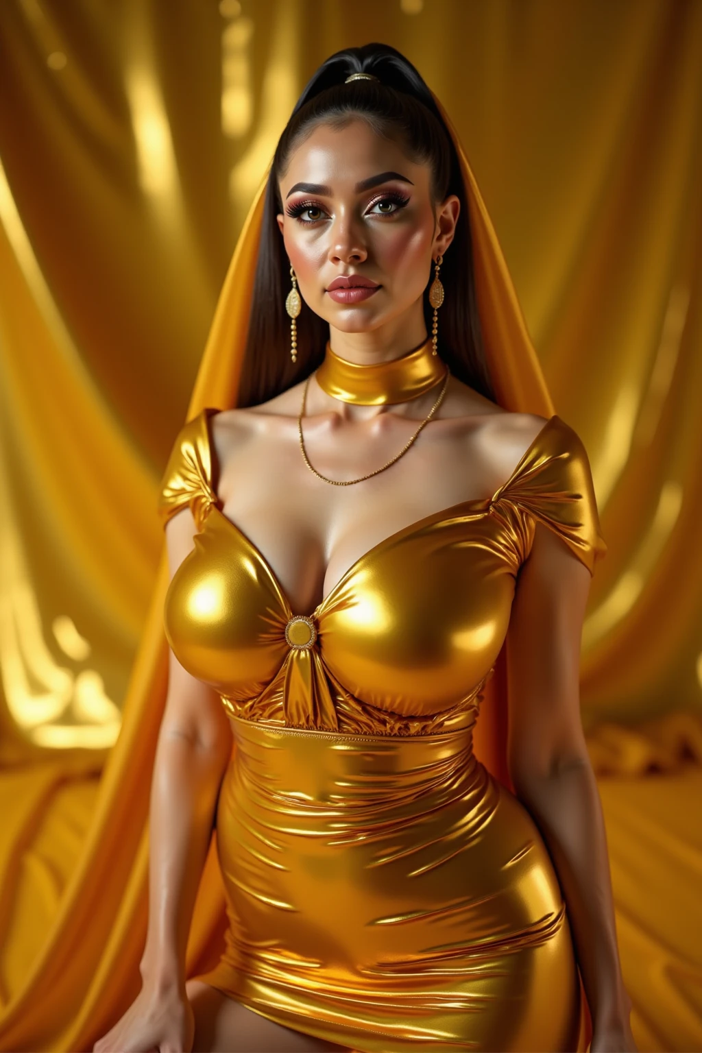 Naked woman in gold metal jewelry on whole body, by Dan Piraro,  (but extremely beautiful:1.4), very large breasts, slim figure, wide hips, (intricate details, masterpiece, best quality:1.4) , in the style of nicola samori, silhouette contrast, Retro-futuristism, vintage sci fi, 50s and 60s style, atomic age, vibrant, highly detailed, retro futurism, dynamic pose, looking at viewer, futuristic steampunk background 
