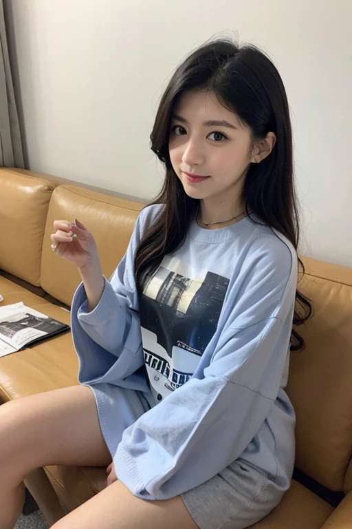 seed:2020674263.((Full body angle:1.1)).((Highest quality, 8K, masterpiece:1.3)), ((from below:1.1)).concentrated:1.2, Perfect body beauty:1.4, Hips:1.2, ((Delicate Hair)), (Colorful T-shirts、Shorts、pajamas :1.1) , ((Highest quality、、masterpiece:1.3))、1girl、A sloppy smile、Esbian all over、Slim face、Big Boobs、Beautiful woman、(Dark Brown Hair)、Long Hair、1、Flickering Valley、Detailed eyes、double eyelid、Blurred Background、超Slim face、Smile、Looking down、Bedroom、