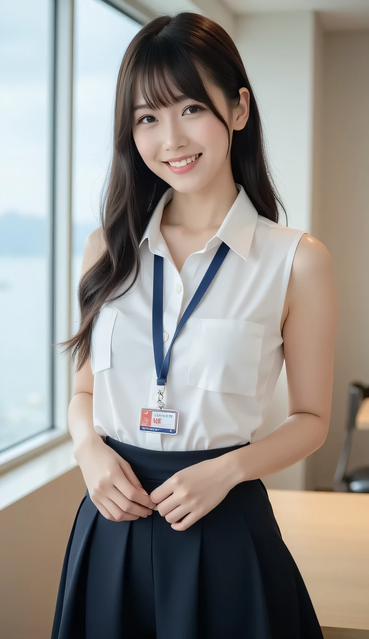 (( masterpiece,   top quality,    best image quality  ,   high resolution ,   ,    Original Pictures ,   Extremely Exquisite Uniforms 8K Wallpaper  )),Staff Certificate，  1 Japanese woman ,  28 years old，personal ,  Beautiful Young Woman  , Smiling,    skin texture,    glossy classroom skin ,  office lady，Japanese house ，Japanese Style Room，  very large breasts  ,  ,  lanyard    :1.8 ,  sleeveless shirt:1.2、   perfect,    ,  tight skirt，full body,thighs．