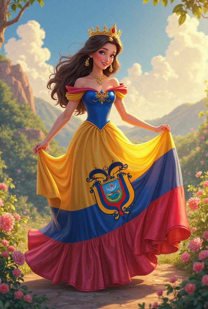 A long haired furry girl with a tail and wolf ears holding the flag of Ecuador, She is wearing a white dress with gold lines and gloves