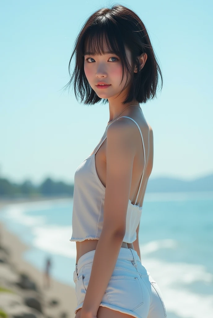 Top quality, realistic, perfect human body structure, very detailed, very delicate and beautiful, RAW photography, beach, professional lighting, luminescence, depth of field, single focal, full body, Skinny Japanese lady, 30 year old lady, brown hair, small head, beautiful eyes, real face, realistic skin, detailed eyes, (fashionable hairstyle: 1.3), sexy pose, absurderes, Incredibly Ridiculous res, Extremely fine, Blouse