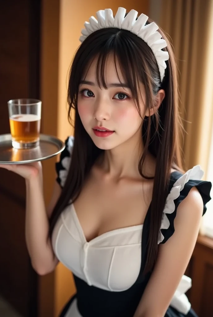 Realistic, masterpiece, Highest quality, (Beautiful Eyes), One high school girl, Huge breasts, Sweat, night, Outdoor, Vibrant restaurant, Micro bikini in, String-only micro bikini, Wet Face, Wet body, ponytail, Earrings, White apron, Puff short sleeves, Between the breasts, Small tray, Mole on chest, Central opening, bow tie, Pelvic Curtain, (Wide Hips), (Viewers looking down:1.1), (throw :1.3), (anger :1.1)
