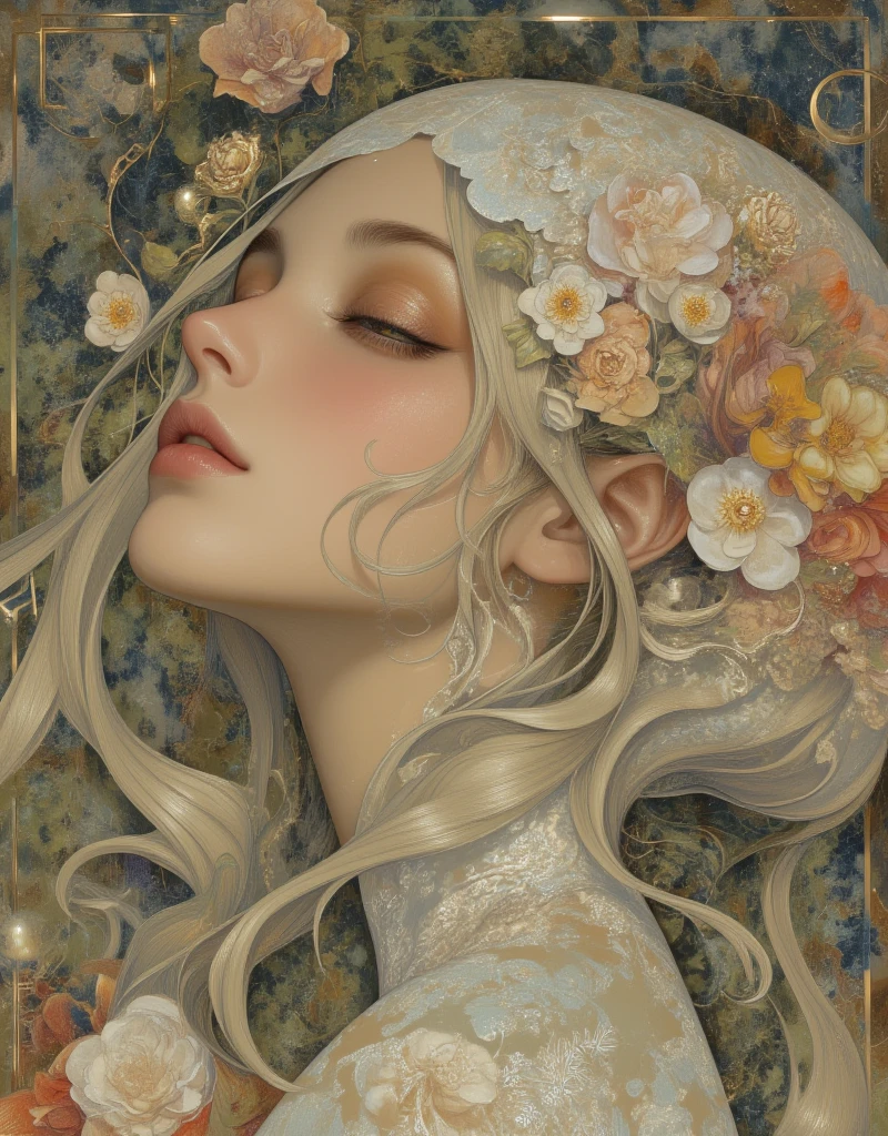 An ultrafine detailed watercolor painting of a gorgeous woman with flowers in her hair, in the style of Alphonse Maria Mucha and Gustav Kilmt, art nouveau accents, fairy princess, anthropomorphic female, female figure, detailed cover artwork, as the goddess of the flowers, Alphonse Mucha, Gustav Klimt, pale bluish skin, a marble sculpture, cgsociety, gothic art, art nouveau, behance contest winner