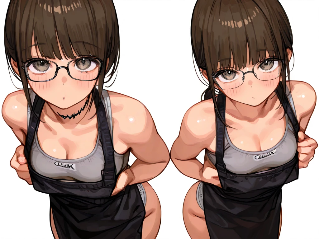 1girl, solo, two heads, conjoined, angry and smiling,Uraraka Ochako, thick_eyebrows blush_stickers, brown_hair, brown_eyes, short_hair, sideburns, shiny hair, medium breasts, skindention, black bikini, score_9, score_8_up, source_anime