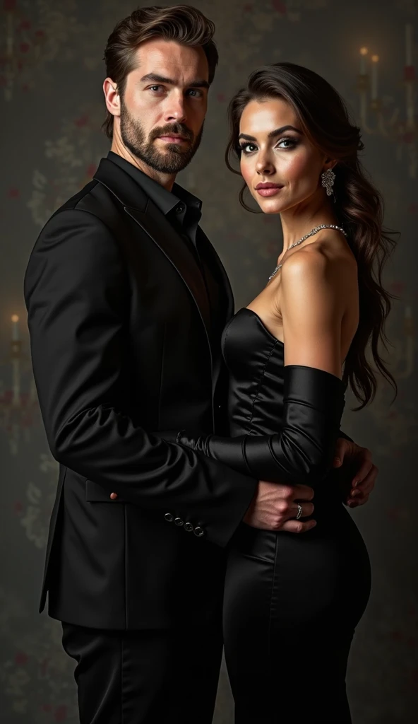 Sultry couple, hugging. Dark romance aesthetic. Handsome man wearing black suit. Beautiful long black haired woman wearing red dress. Nsfw.