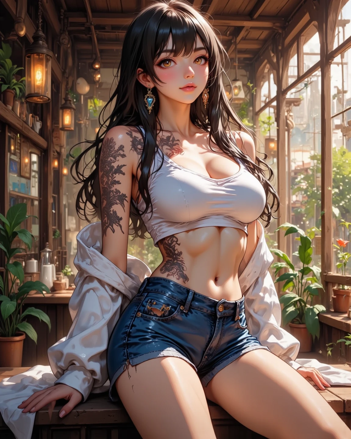 ((Best quality)), ((masterpiece)), (((highly intricate details)), woman, sitting, one crossed legs, leaning to the side, slightly open mouth, sensual looking , ((outdoor:1)), blush, ripped denim jacket, (without shirt), hot pants, long black hair, undercut with geometric design,