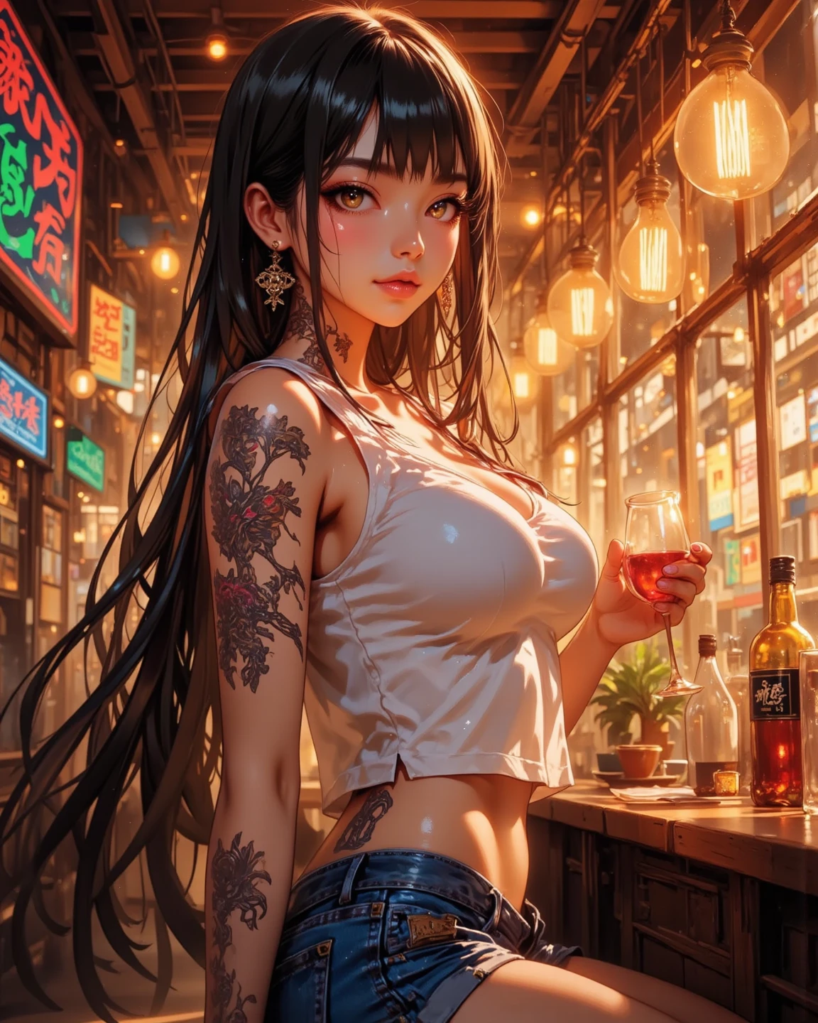 insanely detailed intricate, hyperrealistic airbrush painting of nude gorgeous most beautiful (((Peruvian|Filipina beauty woman holding wine glass))), in cyberpunk ghetto street, purple and yellow neon lights, littered with trash and metallic junk, (pubic hair:1.45), trash_bins, digital painting, digital illustration, extreme detail, digital art, 4k, ultra hd, futuristic, cosmic, fantasy art, cinematic color grading, soft 