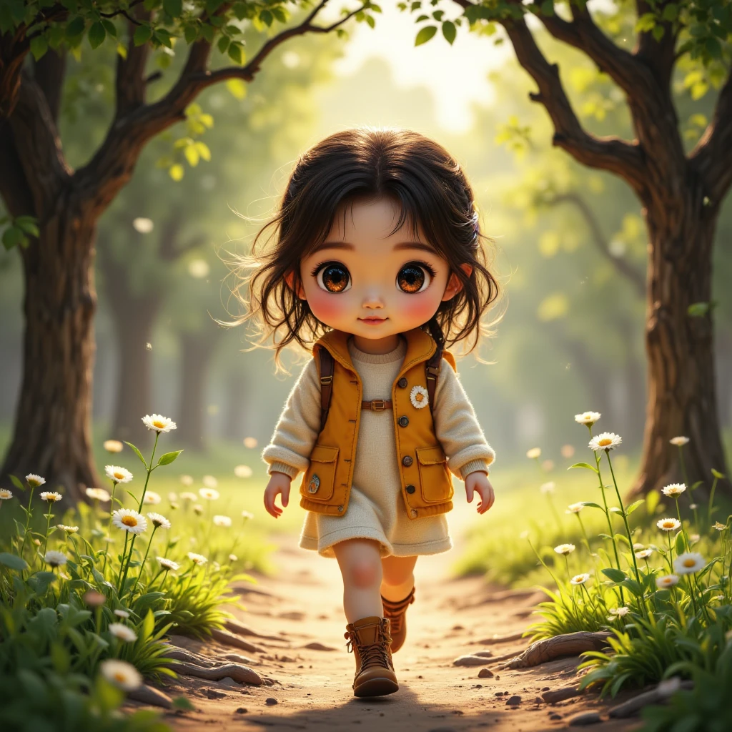 A very charming little girl with a backpack and her cute little dog enjoying a lovely spring outing surrounded by beautiful yellow flowers and nature. The illustration is a high-definition illustration in 4K resolution with highly detailed facial features and cartoon-style visuals.