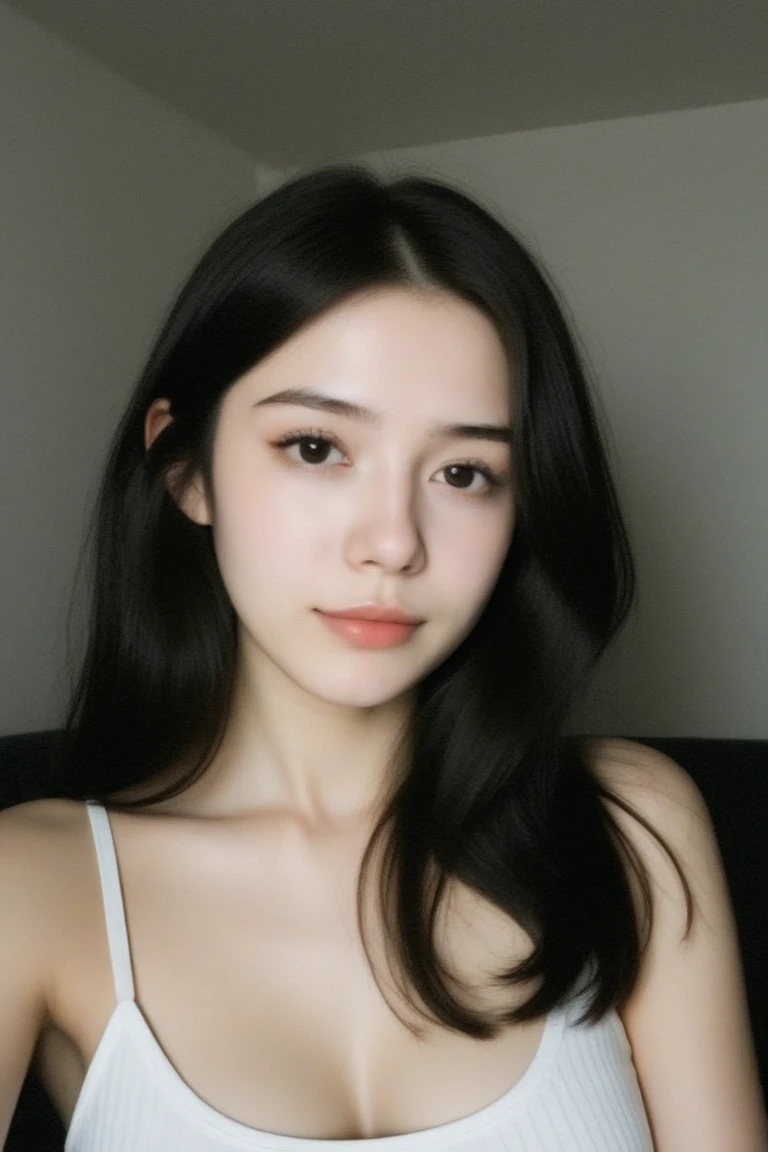 Araped woman with long black hair and black blouse posing for selfie, Cerveza Soft Devil Queen Madison, Violet Myers, curtain bangs, No makeup, wavy hair, Madison Beer, without makeup, Portrait of Madison's Beer Girl, 중앙에서 분리된 curtain bangs, Profile picture, Use Instagram Filters, Subtle soft and dim light, posing in a bedroom, perfect face, julia sardinian