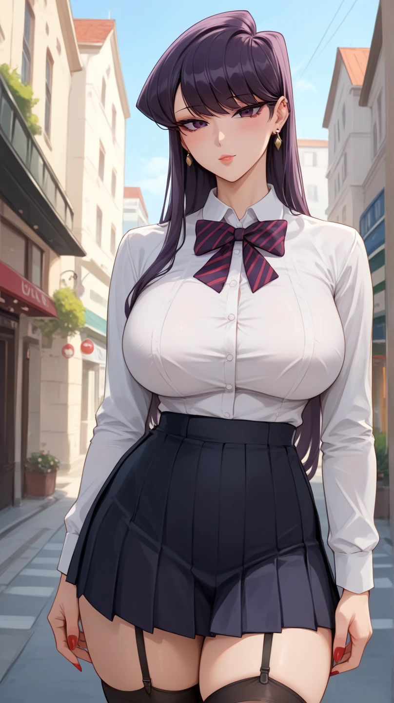 A woman, Huge breasts, Smile, White blouse, plaid skirts, cleavage, bangs, view the viewer, Have on the street, The background is blurred out, 8K, Best quality, Masterpiece, (photograph realistic:1.4), RAW photo, 超高分辨率, Perfect details, profesional photo, Professional lighting, pencil skirts