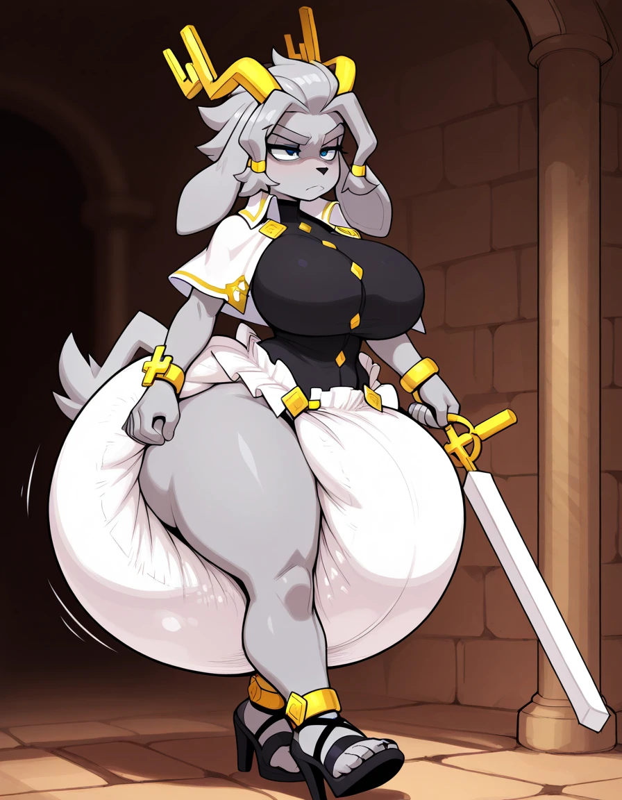 Busty female bunny，Fluffy white hair. Wearing simple and stylish golden bikini armor. . Holding a dagger，Kneeling and squatting，Full body portrait，The ears should be shown complete