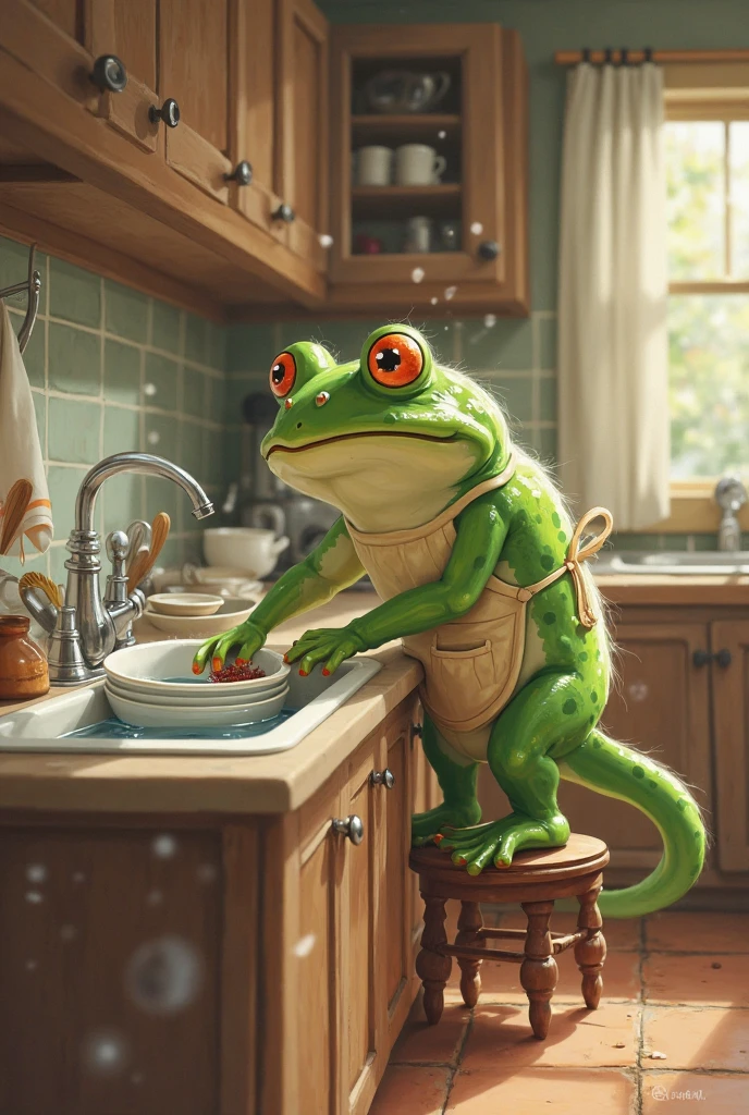 A frog giving a spoonful of syrup to a child
