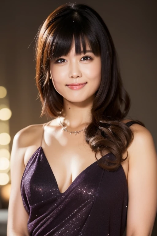 1girl, (wearing a light evening dress:1.8),(RAW photo, best quality), (realistic, photo-realistic:1.4), masterpiece, an extremely delicate and beautiful, extremely detailed, 2k wallpaper, Amazing, finely detail, extremely detailed CG unity 8k wallpaper, ultra-detailed, highres, soft light, beautiful detailed girl, extremely detailed eyes and face, beautiful detailed nose, beautiful detailed eyes,cinematic lighting,(in the city at night:2.0),(night city view:1.6),perfect anatomy,(slender body:2.0),(laughing:1.4),(close up face:2.4),(open eyes:2.0),(look at viewer),(front view:1.0),(japanese young girl:1.2),cinematic angle,(wavy long hair), (brown eyes:1.8),(standing:2.0)