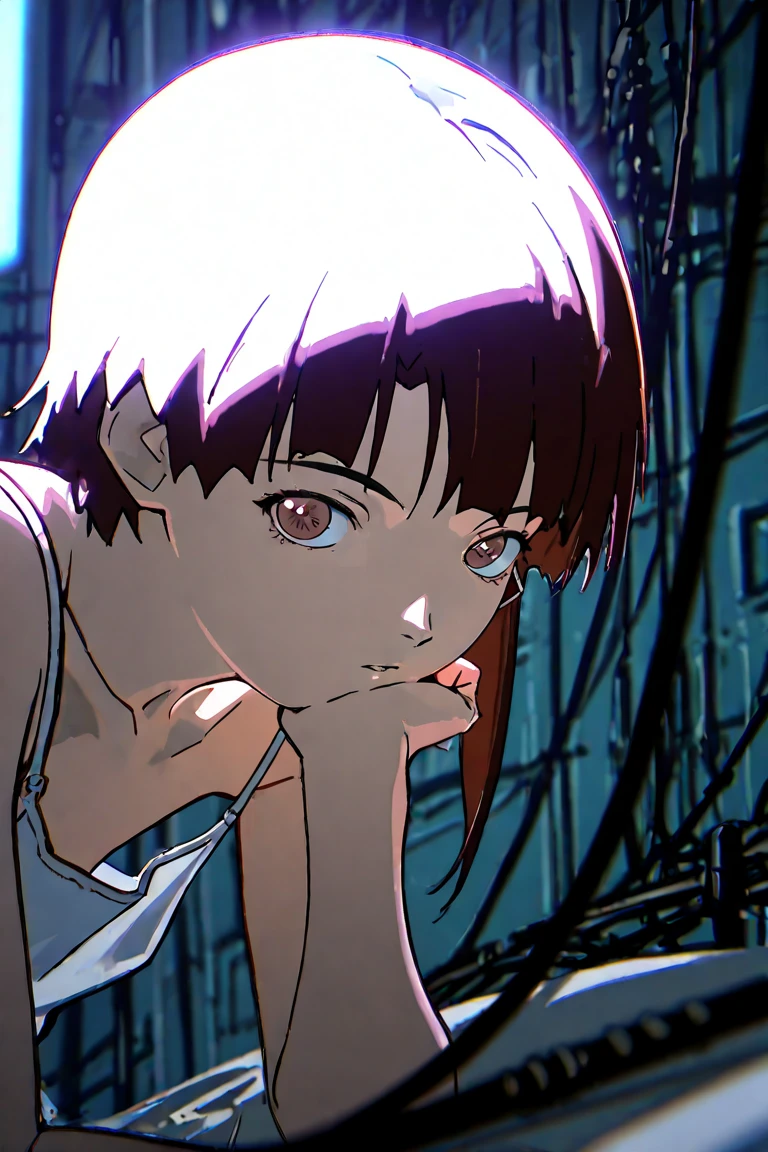 score_9, score_8_up, score_7_up, score_6_up, score_5_up, score_4_up, source_anime, rating_safe, Lain, 1girl, solo, anime screencap, looking at viewer, red eyes, red hair, cable, white camisole, dark room, all fours, provocative body, partially nude, legs