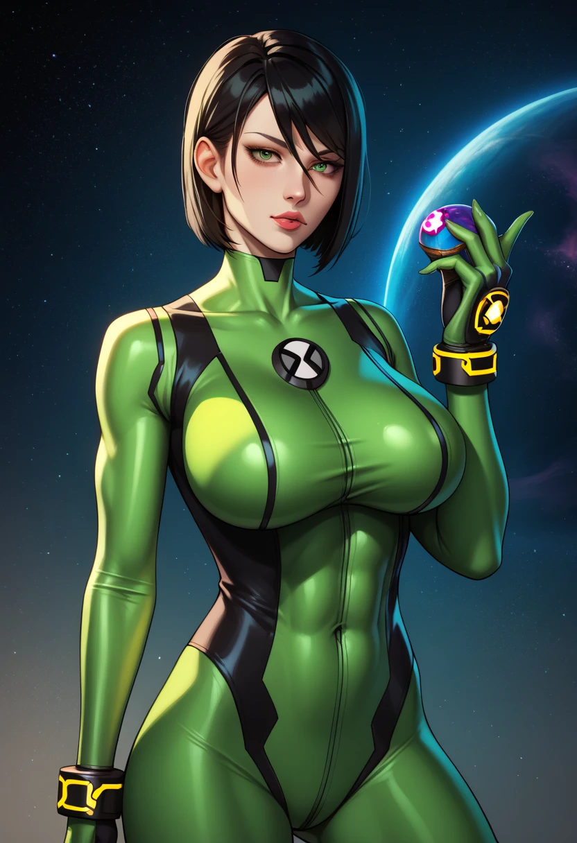 guapa alien con pelo de color verde. (big tits:1.2). vestida con vestido ajustado y corto metalico de color ((rojo oscuro)). pintura digital. ultra detallado.8k.fotorealista --auto --s2